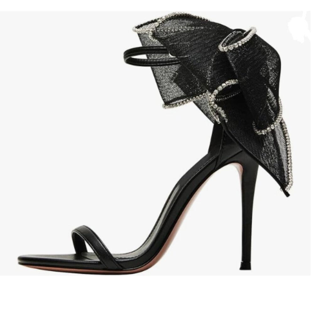 Maiyang Black Back Mesh Bow Thin High Heel Sandals Open Toe Ankle Strap Shoes